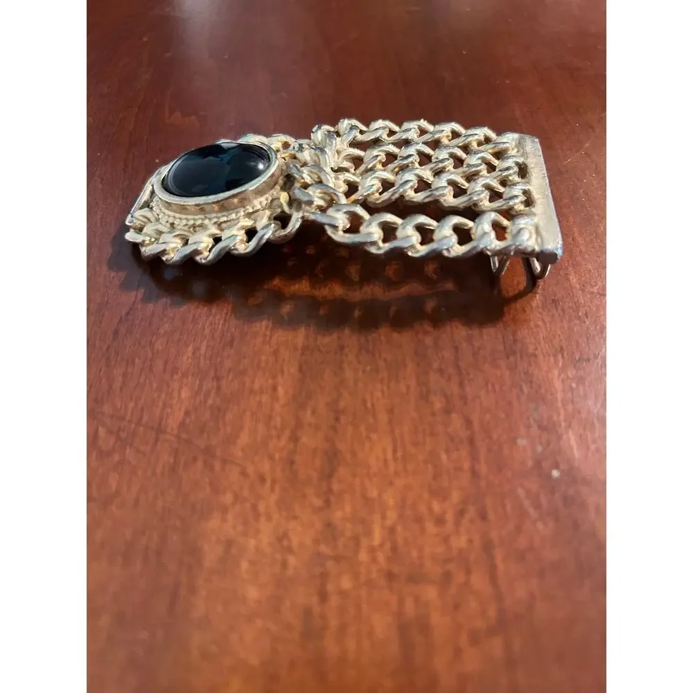 Vintage Gold Tone Multi Strand Chain Belt Buckle Black Cabochon Statement